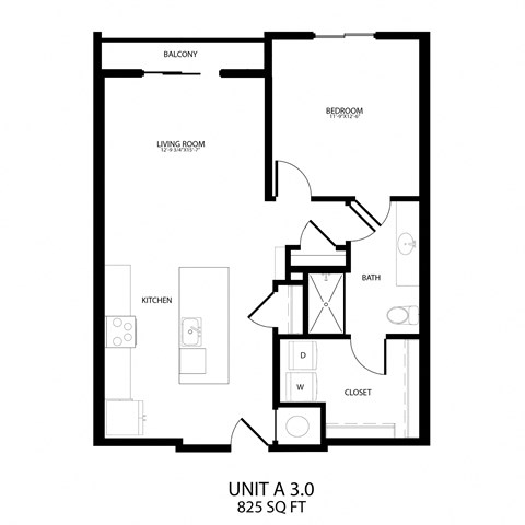 Floor plan for 1 bed, 1 bath, 825 sqft